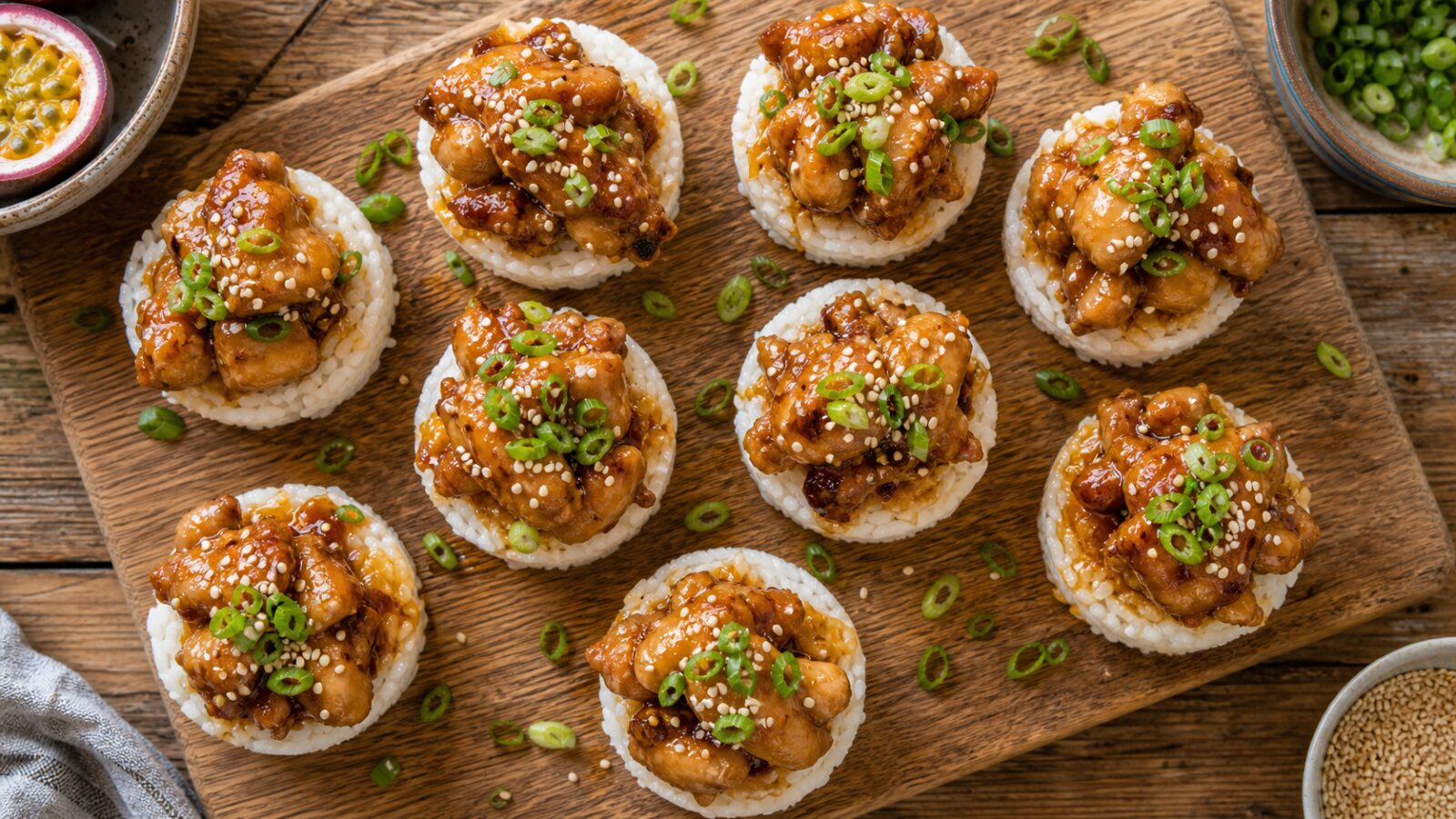 Passionfruit sticky chicken in rice cups garnished with sesame seeds and green onions on a white plate.