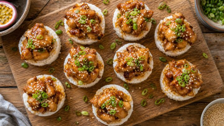 Passionfruit sticky chicken in rice cups garnished with sesame seeds and green onions on a white plate.