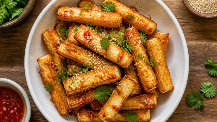 Air fryer sweet chili halloumi fries in a white bowl, golden and crispy, garnished with cilantro.