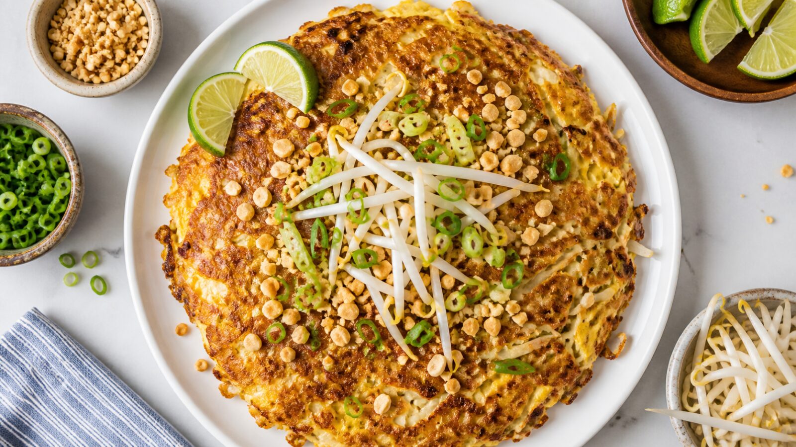 Crispy cabbage pad thai omelet on a plate with lime wedges, topped with peanuts, green onions, and bean sprouts