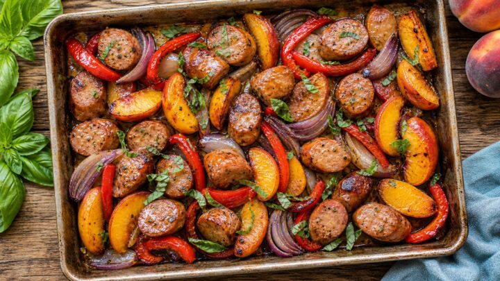 Hot honey peach chicken sausage sheet pan dinner with caramelized peaches and bell peppers on a baking sheet