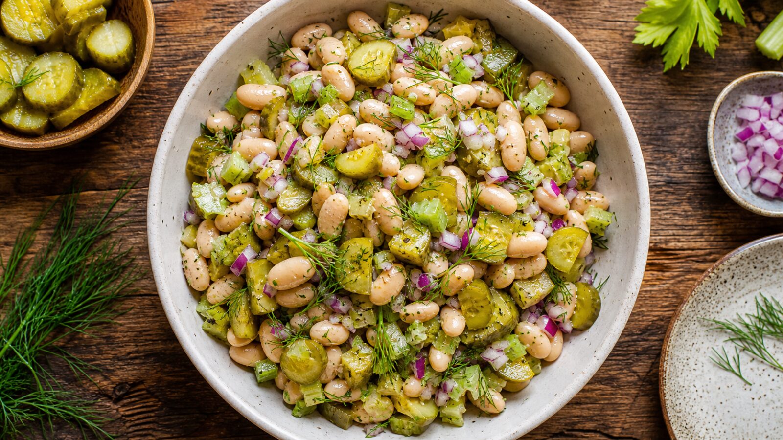 A bowl of crunchy dill pickle white bean salad with fresh dill garnish, served on a wooden table