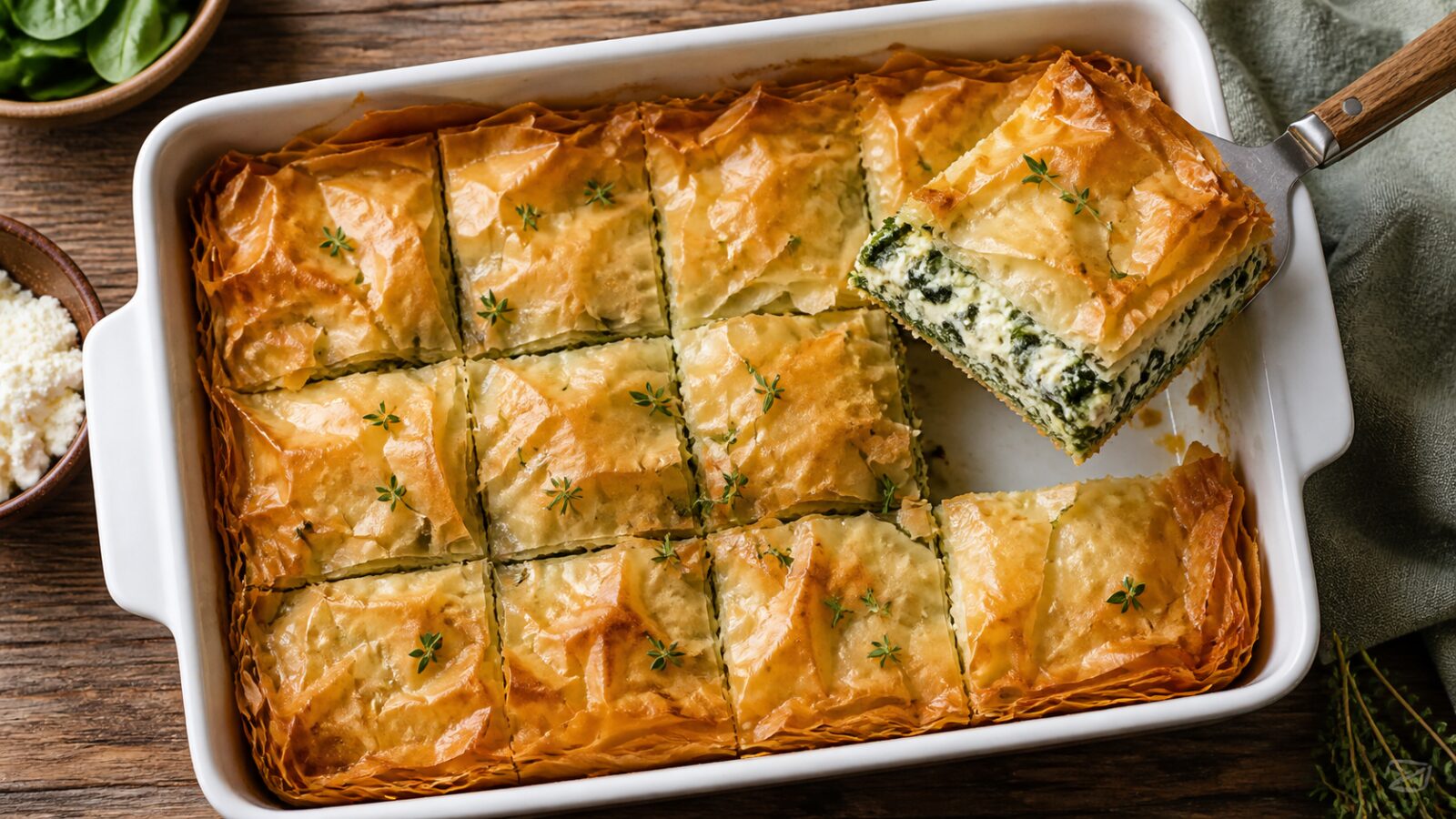 Golden baked cottage cheese spanakopita breakfast casserole in a 9x13 dish with flaky phyllo top and a slice lifted out showing creamy spinach and feta filling