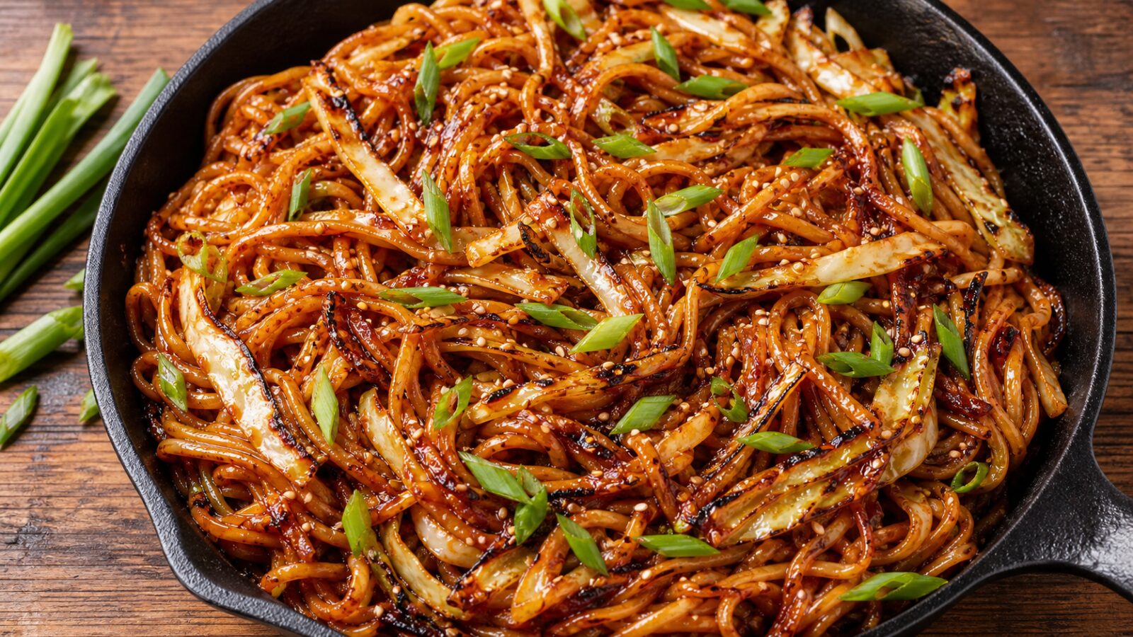Crispy gochujang cabbage grilled noodles in a skillet with charred cabbage ribbons, green onions, and sesame seeds on top.