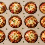 Air fryer chicken parmesan meatloaf muffins with melted mozzarella and marinara sauce in a muffin pan