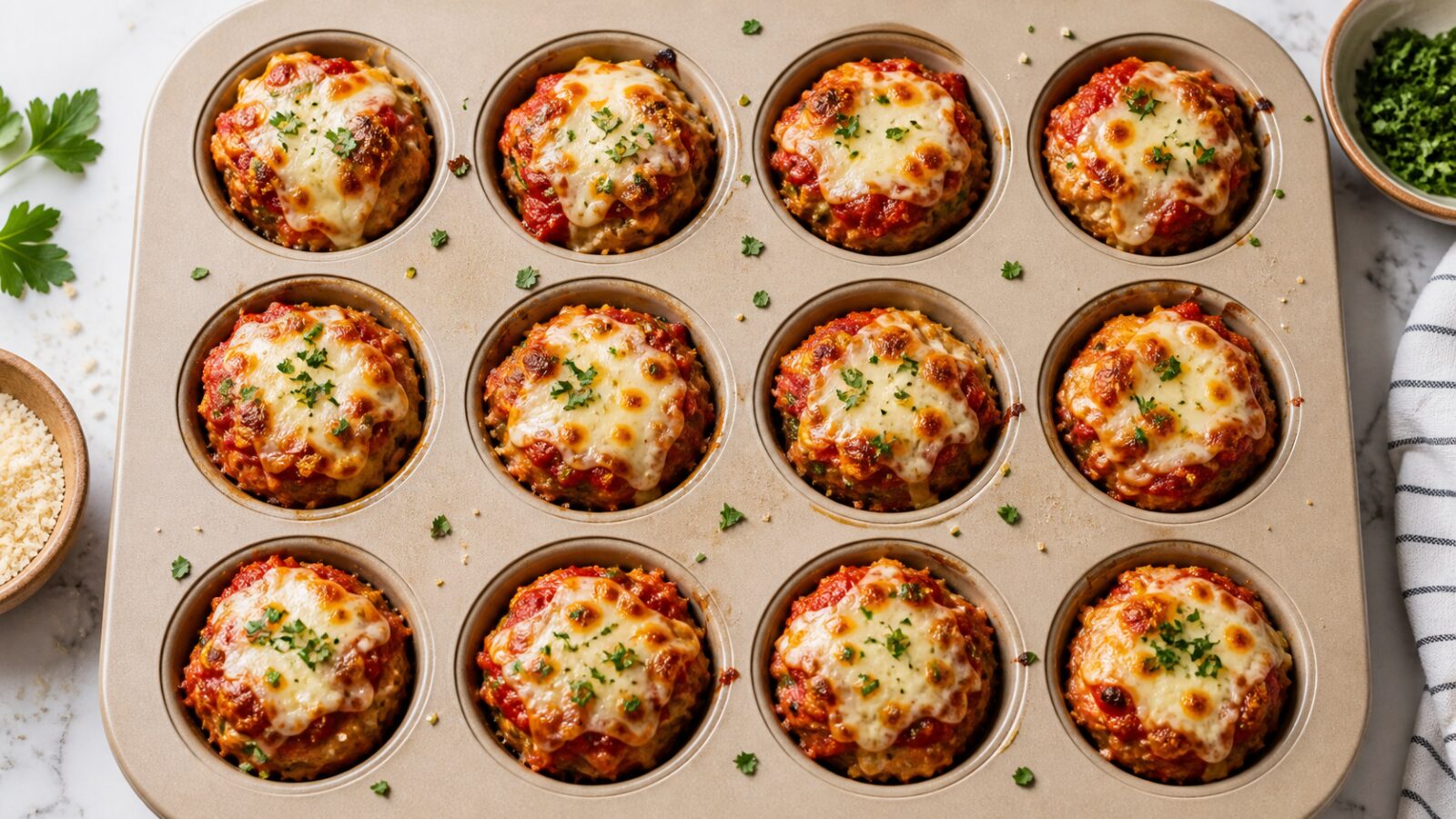 Air fryer chicken parmesan meatloaf muffins with melted mozzarella and marinara sauce in a muffin pan