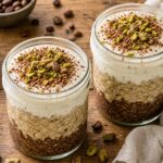 Two jars of pistachio tiramisu overnight oats with layered coffee and cocoa oats, topped with creamy mascarpone and chopped pistachios.