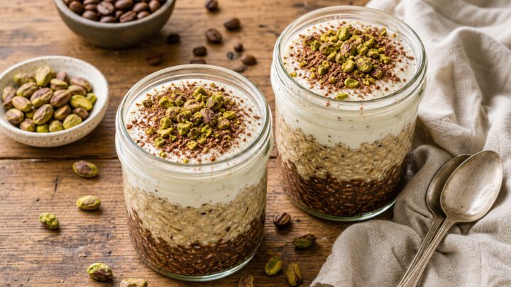 Two jars of pistachio tiramisu overnight oats with layered coffee and cocoa oats, topped with creamy mascarpone and chopped pistachios.