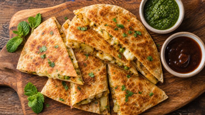 Crispy air fryer samosa quesadillas cut into wedges, served on a plate with mint and tamarind chutney.