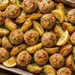 Sheet pan lemon pepper chicken meatballs and golden roasted potatoes on a baking tray, garnished with fresh parsley and lemon wedges