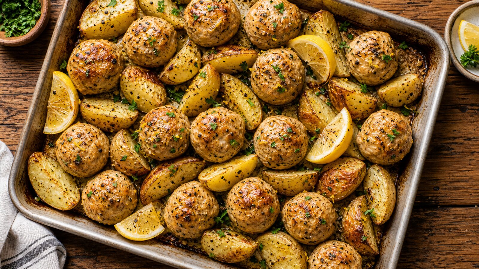 Sheet pan lemon pepper chicken meatballs and golden roasted potatoes on a baking tray, garnished with fresh parsley and lemon wedges