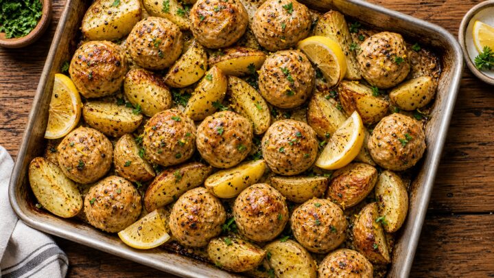 Sheet pan lemon pepper chicken meatballs and golden roasted potatoes on a baking tray, garnished with fresh parsley and lemon wedges