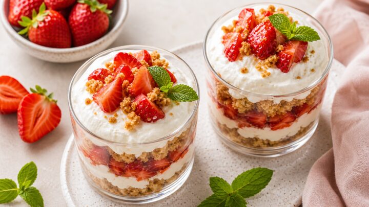 Strawberry miso shortcake cups in small glass dessert dishes, layered with golden crumble, juicy strawberries, and whipped cream, garnished with mint