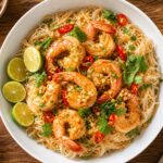 Bowl of calamansi garlic shrimp vermicelli noodles garnished with cilantro and lime wedges on a wooden table
