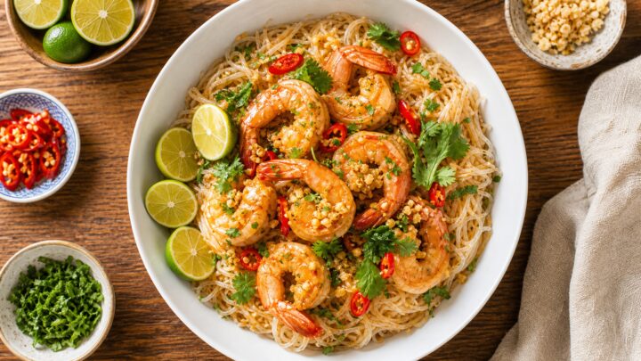 Bowl of calamansi garlic shrimp vermicelli noodles garnished with cilantro and lime wedges on a wooden table