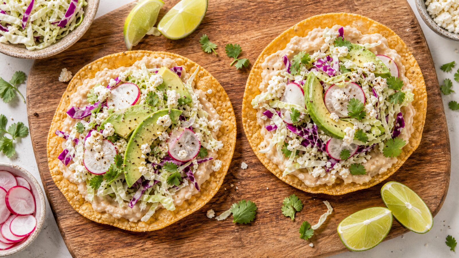 Crispy ranch cabbage and white bean tostadas on a plate with lime wedges and avocado slices