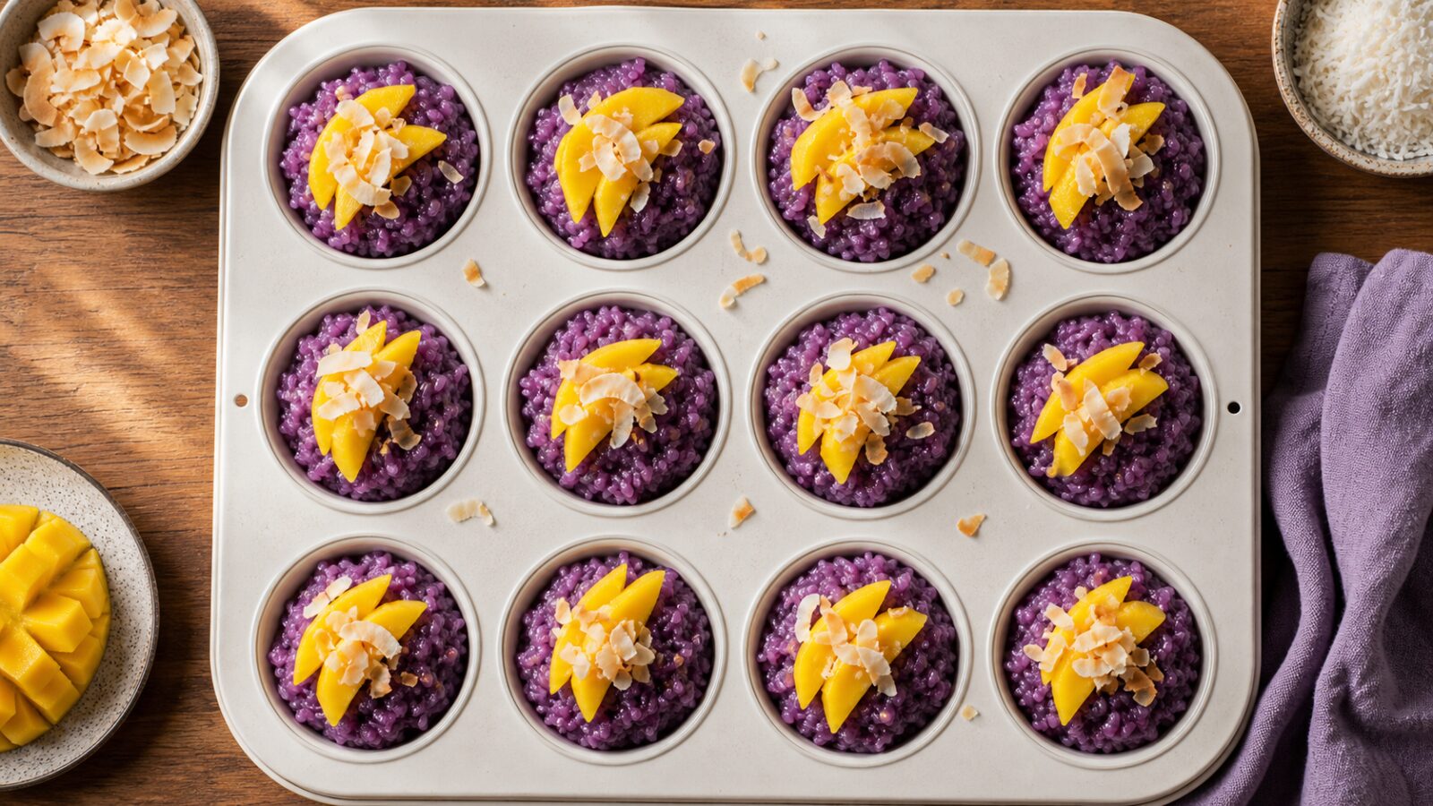 A row of vibrant purple ube coconut sticky rice breakfast cups topped with shredded coconut and fresh mango slices on a rustic wooden board.