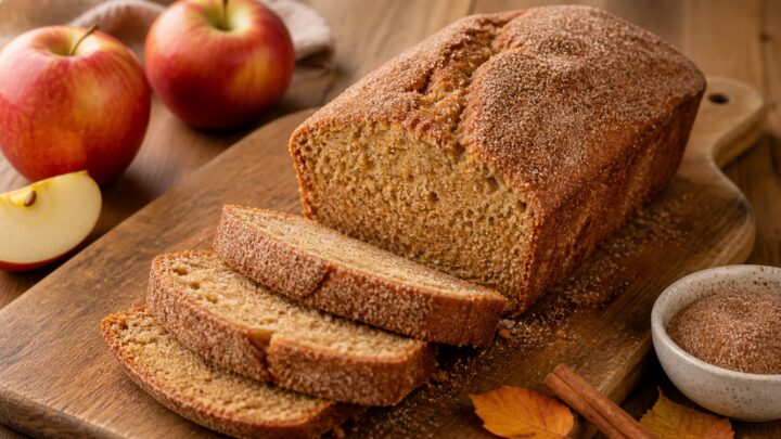 A slice of olive oil apple cider donut loaf on a rustic wooden board with cinnamon sugar coating, surrounded by fall apples and leaves