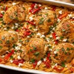 Roasted red pepper feta chicken orzo bake in a white baking dish, garnished with parsley.