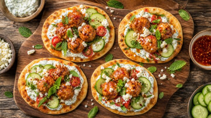 Harissa honey chicken meatball flatbreads topped with tzatziki, cucumber, and cherry tomatoes on a wooden board.