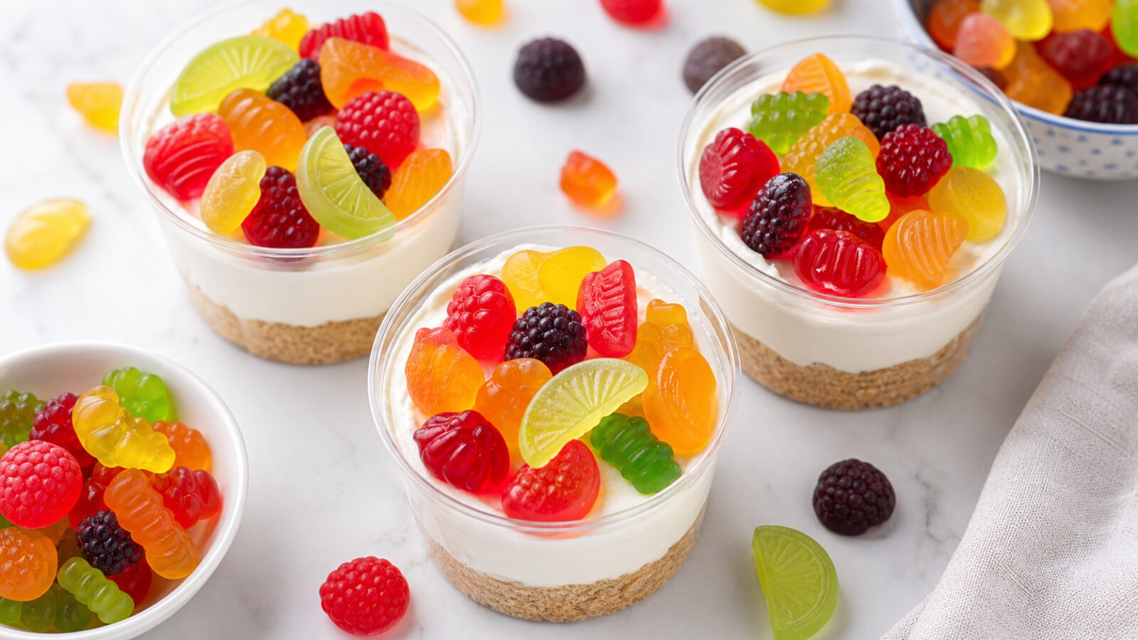 Close up of gummy fruit salad cheesecake cups in clear cups showing graham cracker crust, creamy white filling, and colorful gummy fruit candies on top