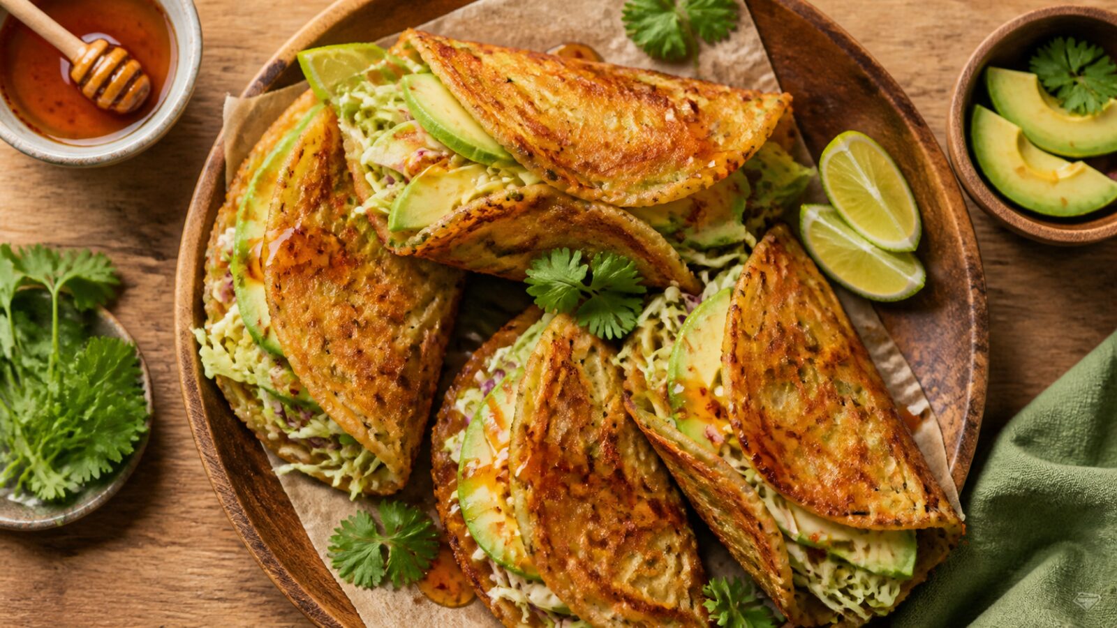 Crispy hot honey cabbage pancake wraps on a plate with avocado and lime wedges