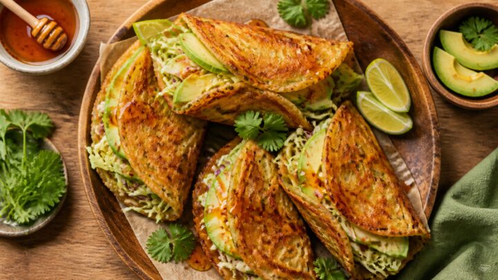 Crispy hot honey cabbage pancake wraps on a plate with avocado and lime wedges