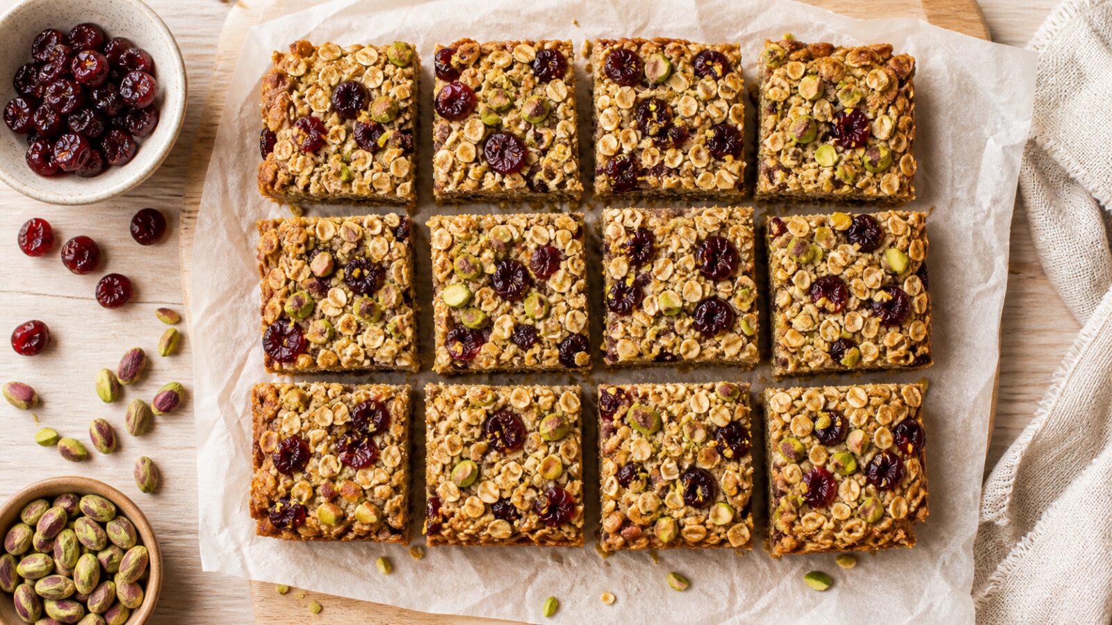 Cherry pistachio baked oat bars cut into squares on a cooling rack, with a cup of coffee nearby.
