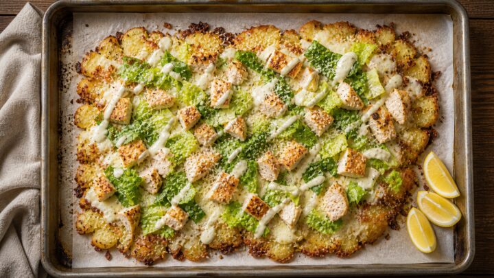 Chicken Caesar Smashed Potato Pizza on a baking sheet with crispy golden crust, melted cheese, and fresh romaine topping.