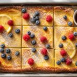 Meyer lemon ricotta pancake bake on a sheet pan, sliced into squares, dusted with powdered sugar and topped with fresh blueberries and raspberries.
