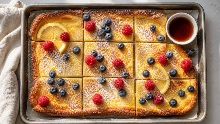 Meyer lemon ricotta pancake bake on a sheet pan, sliced into squares, dusted with powdered sugar and topped with fresh blueberries and raspberries.