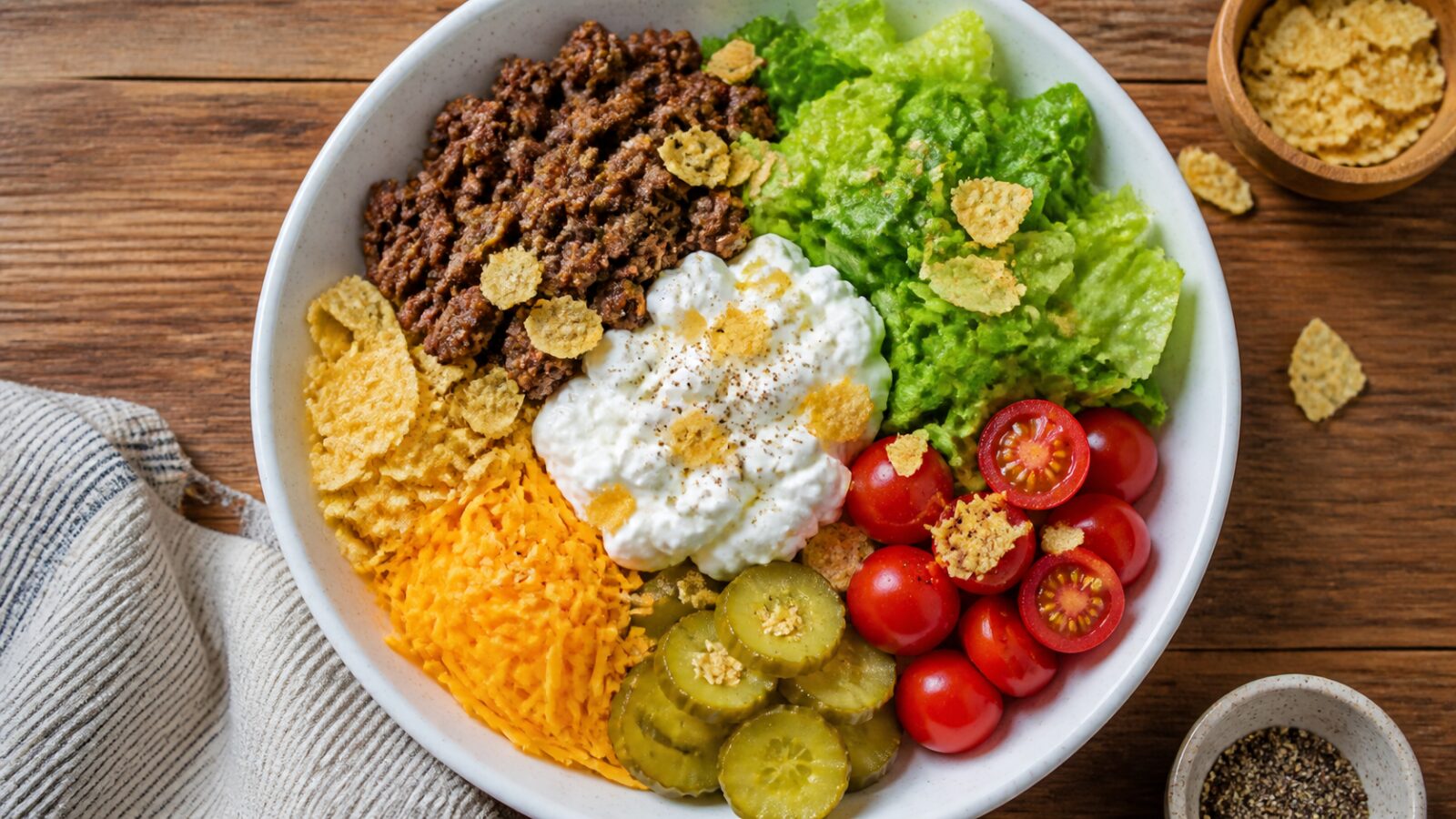 Cottage Cheese Cheeseburger Crunch Bowl with ground beef, lettuce, tomatoes, pickles, and chips