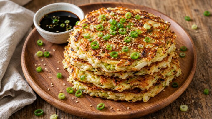 Crispy cabbage chow mein pancakes golden brown on a plate with soy sauce and green onions