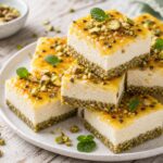 Stack of passionfruit pistachio frozen cheesecake bars on a white plate with chopped pistachios and mint garnish