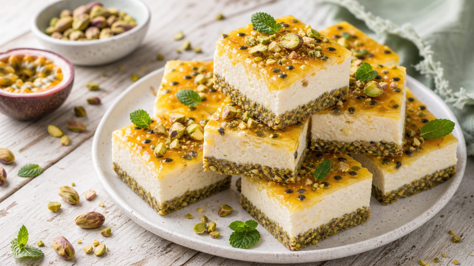 Stack of passionfruit pistachio frozen cheesecake bars on a white plate with chopped pistachios and mint garnish