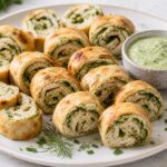 Air fryer green goddess chicken roll ups sliced into pinwheels on a plate with dipping sauce