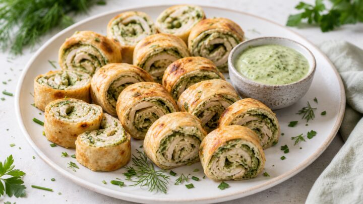 Air fryer green goddess chicken roll ups sliced into pinwheels on a plate with dipping sauce
