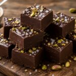 Small squares of olive oil tahini chocolate freezer fudge stacked on a plate with flaky sea salt topping