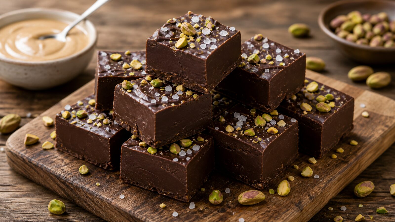 Small squares of olive oil tahini chocolate freezer fudge stacked on a plate with flaky sea salt topping
