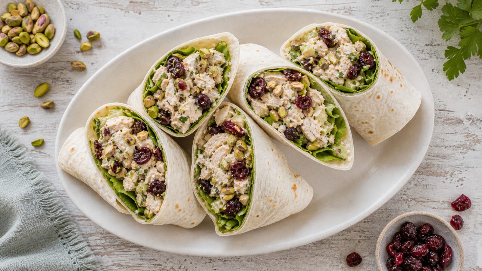 Pistachio cherry chicken salad wrap sliced in half on a plate with pistachios and cherries scattered around