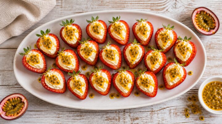 Passionfruit cheesecake stuffed strawberries on a white platter with passionfruit seeds.