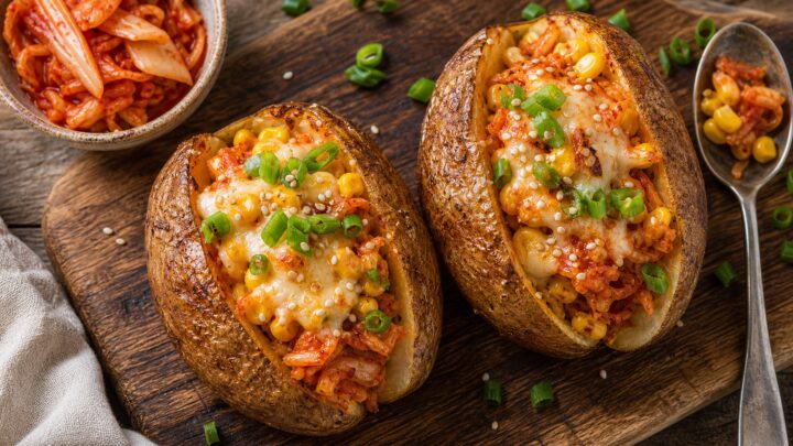 Air Fryer Kimchi Corn Cheese Stuffed Potatoes with melted cheese and green onions on a plate