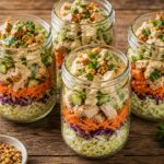 Mason jar layered with lemon tahini chicken crunch salad on a wooden table