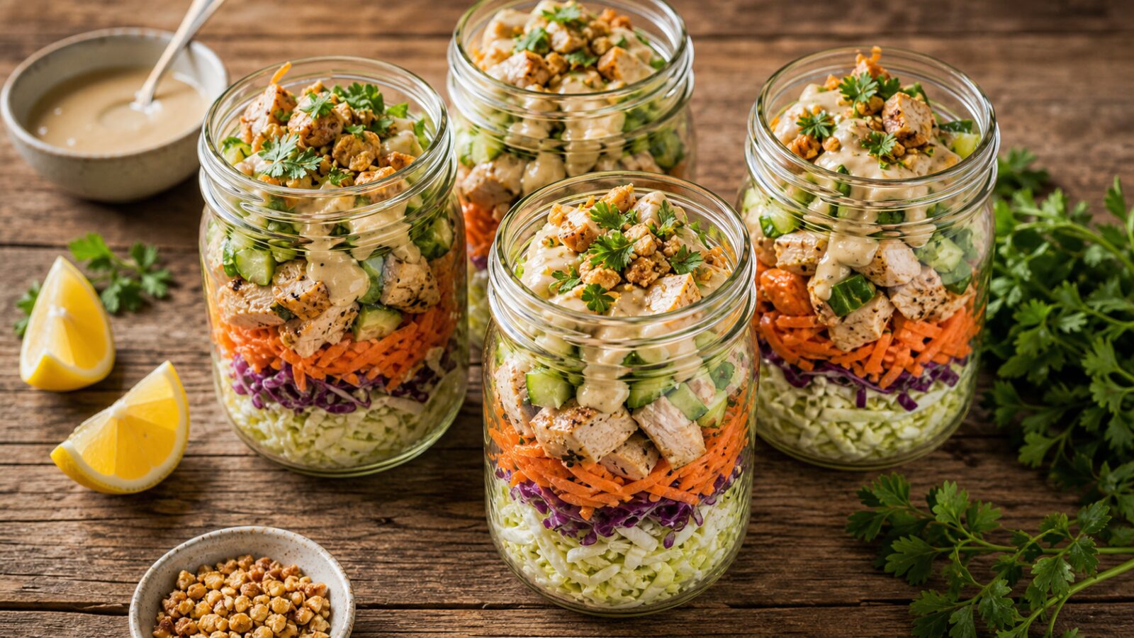 Mason jar layered with lemon tahini chicken crunch salad on a wooden table