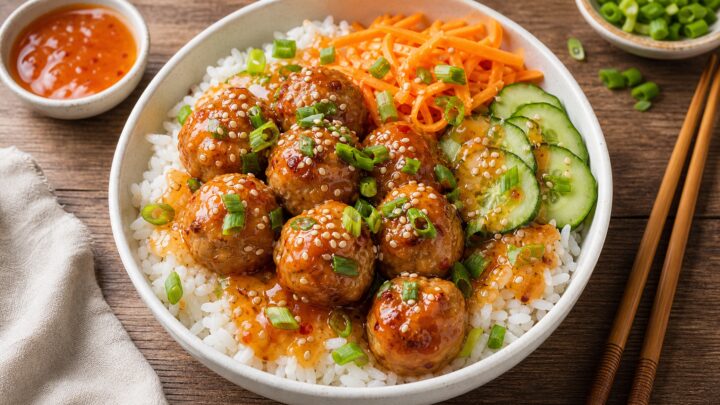 Swicy apricot chicken meatball bowls with rice, carrots, cucumber, and green onions, drizzled with sauce