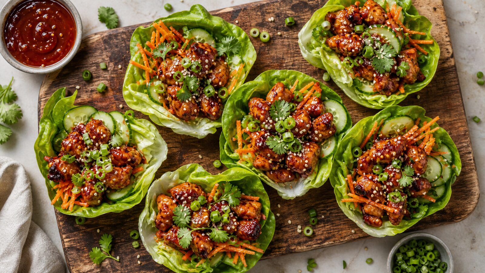 Air Fryer Gochujang Maple Chicken Lettuce Cups with fresh vegetables and sesame seeds on a wooden board