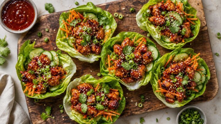 Air Fryer Gochujang Maple Chicken Lettuce Cups with fresh vegetables and sesame seeds on a wooden board