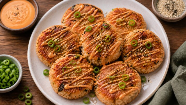 Crispy air fryer sesame ginger salmon rice cakes on a plate with sesame seeds and sriracha mayo drizzle
