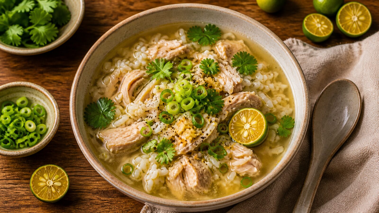 A hearty bowl of calamansi garlic chicken rice soup garnished with fresh cilantro and green onions