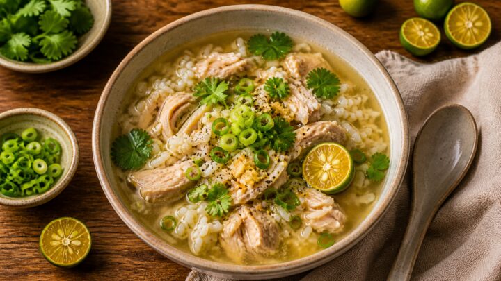 A hearty bowl of calamansi garlic chicken rice soup garnished with fresh cilantro and green onions